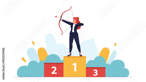 Businesswoman in a suit stands on the top step of a winners podium while aiming a bow and arrow towards a target.