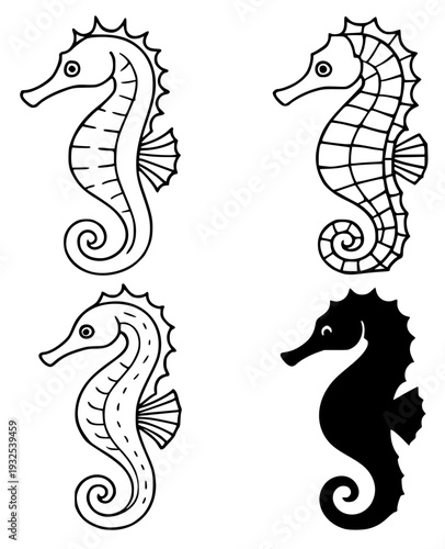 Set of 4 simple sea horse vector icons, transparent background PNG
