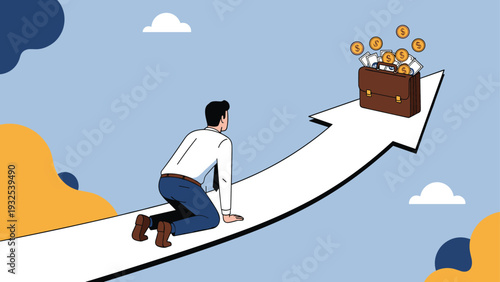 Determined businessman crawls up a large white arrow that is pointing towards a briefcase filled with money and coins.