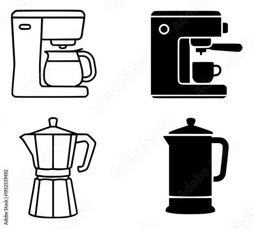 Set of 4 simple coffee maker vector icons, transparent background PNG