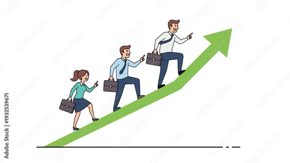 Fototapeta premium Dynamic group of diverse business people carry briefcases while walking upwards on a large rising green arrow.