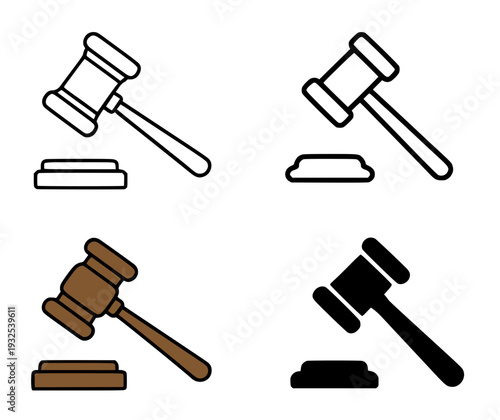 Set of 4 simple gavel icons, transparent background PNG