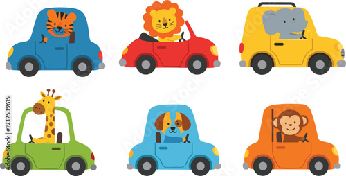 Set of cute cartoon animal characters including a lion tiger elephant giraffe dog and monkey driving colorful cars isolated on white background for kids.