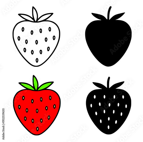 Set of 4 simple strawberry icons, transparent background PNG