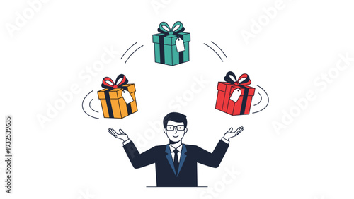 Professional smiling businessman in a suit expertly juggles three colorful gift boxes wrapped with ribbons and price tags.