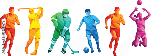 Low Poly Sports Players Collection with Football, Golf, Hockey and Volleyball Vector Illustration