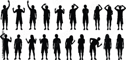 Silhouettes of people expressive gestures diverse postures raising arms tilting head leaning forward dance movement design illustration