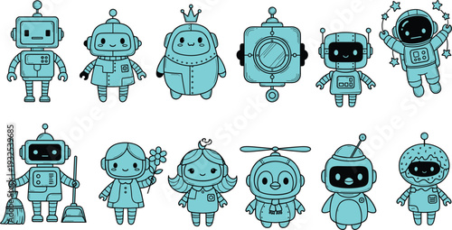 Set of cute turquoise robot characters featuring various designs including a king astronaut cleaner and girl robot isolated on white background for kids technology.