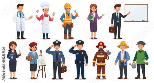 Diverse group of professionals showcasing various occupations and careers in a vibrant illustration.