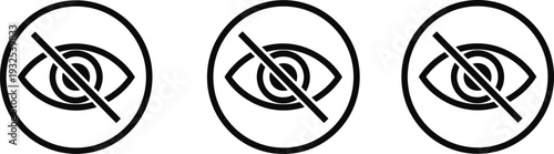 Set of eye with slash line privacy icons representing hidden content password visibility and data protection in black and white vector style