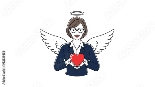 Professional kind businesswoman with white angel wings and a halo holds a red heart symbol with both hands carefully.