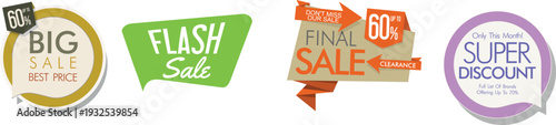 A collection of colorful sale and discount stickers