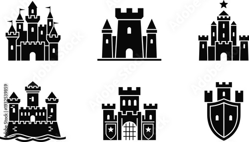Medieval Castle and Fortress Logo Icon Set with Royal Towers, Stronghold Gates, and Kingdom Shield in Black Vector Silhouette.