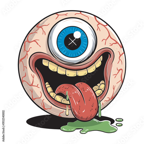 Eyeball monster cartoon face drooling tongue open mouth teeth vector illustration