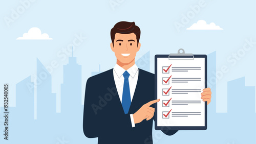 Professional businessman in a suit smiles and points to a clipboard with a fully completed checklist of red checkmarks.