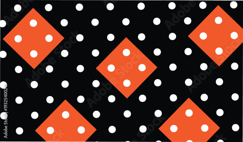 Seamless pattern with orange diamonds and white polka dots on black background for textile print wrapping paper wallpaper decorative graphics design modern fashion fabric