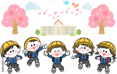 ランドセルを背負って笑顔で登校する　制服を着た新一年生のイラスト