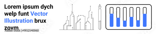 Urban skyline sketch with test tubes highlights innovation, scientific progress, and technology link. Ideal for science, research, city planning, innovation, analysis, education simple landing page