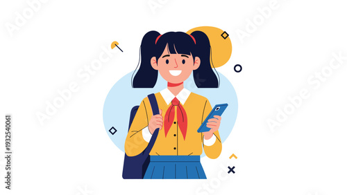 Smiling school girl with a backpack and pigtails looks at her blue smartphone while standing against a blue circle.