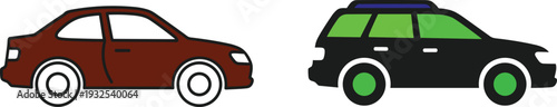 Set of flat car icons featuring a brown sedan and a black SUV with green windows isolated on white background for transportation and automotive design.