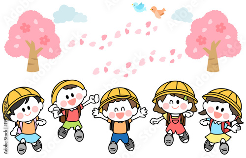 ランドセルを背負って笑顔で登校する　子どもたちのイラスト