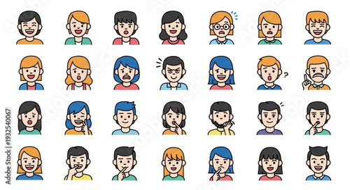 Diverse collection of cartoon faces showcasing various emotions and expressions in a grid format.
