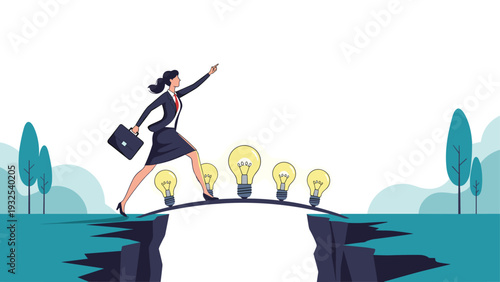 Businesswoman successfully crossing a deep mountain chasm using a glowing bridge made of lightbulbs to represent innovative ideas.