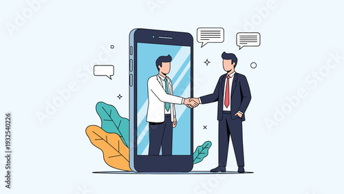 Two professional businessmen shaking hands through a smartphone screen to symbolize digital partnership and mobile communication.
