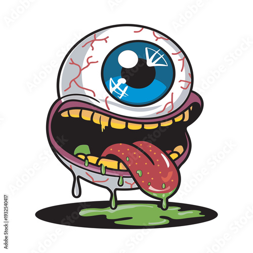 One-eyed cartoon monster open mouth drooling tongue big teeth vector graphic design