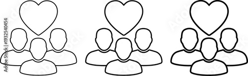 Community heart icons set, volunteer team group line art, charity and support people linear symbol