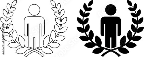 Success achievement icon set, winner person with laurel wreath, leader reward black linear symbol