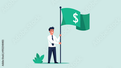 Smiling businessman in a white shirt and tie proudly holding a green flag with a white dollar sign symbol to represent success.