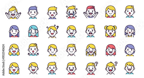 Collection of various cartoon faces with different expressions and emotions.