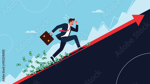 Stressed businessman running up a steep financial graph while dollar bills fly out from behind him in a fast-paced market.