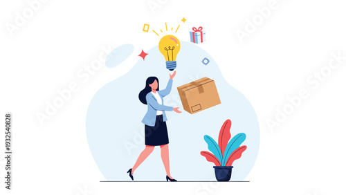 Creative businesswoman juggling a bright lightbulb, a gift box, and a cardboard package to represent innovative business skills.