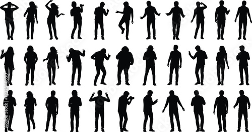Silhouettes of people expressive poses gestures standing dancing pointing shrugging body language communication design illustration