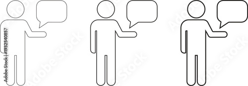 Man with speech bubble icons set, person talking linear symbol, communication concept line art