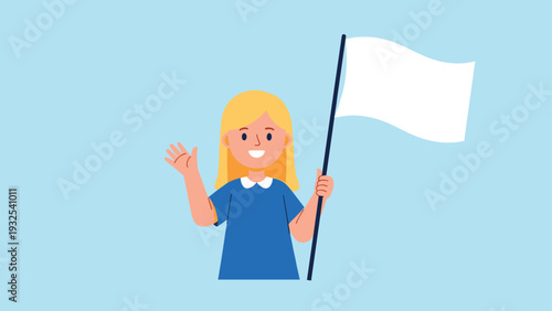 Happy little girl with long blonde hair waving her hand and holding a white flag against a clear blue background for peace.