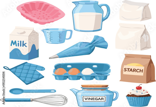Baking Ingredients and Pastry Tools Set with Milk, Eggs, Flour, Whisk, Measuring Cup, Piping Bag, and Cupcake Vector Illustration.