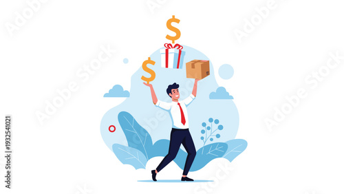 Cheerful businessman juggling two dollar signs, a wrapped gift, and a delivery box to show his versatility and management skills.
