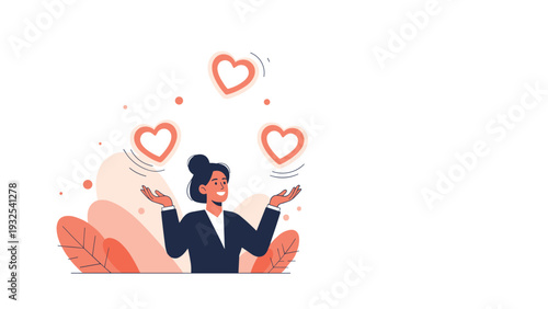 Graceful businesswoman juggling three red heart icons to represent love, care, and emotional balance in a professional career.