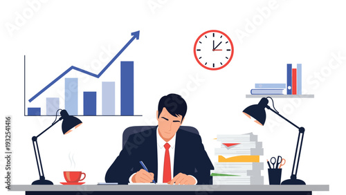 Dedicated businessman working at a desk with a lamp, a stack of papers, and a large growth chart to show office productivity.