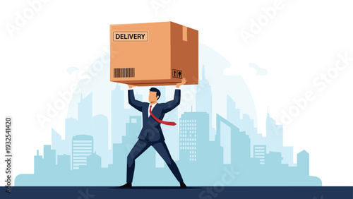 Strong businessman in a professional suit carrying a massive cardboard box labeled delivery on his shoulders with a city skyline backdrop.