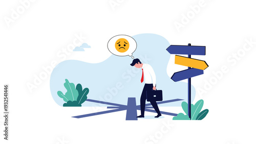 Frustrated businessman standing at a complex crossroads with multiple direction signs while feeling confused about his current career path.