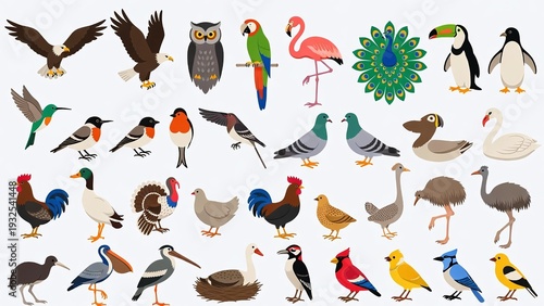 Colorful Ornate Birds Illustration: Diverse Wildlife Art of Tropical Species and Avifauna with Vibrant Plumage and Feathers for Ornithology and Educational Decor.
