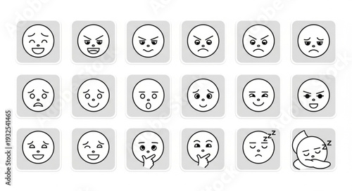 Collection of various hand-drawn face expressions on gray square backgrounds.