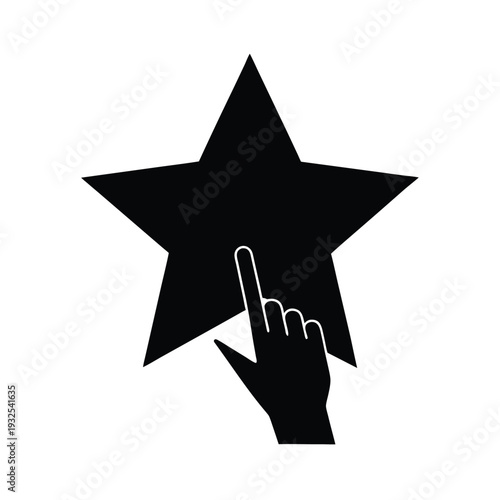 Hand finger touching a black star icon, symbolizing rating, feedback or selection