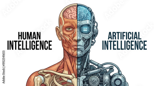 Conceptual illustration of human and robot split down the middle, AI vs human contrast