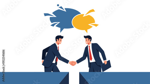 Two businessmen shaking hands over a gap in the ground while colorful speech bubbles show they have reached a mutual agreement together.