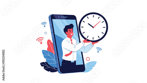 Cheerful businessman appearing out of a modern smartphone screen holding a large clock to represent mobile time management and efficiency.